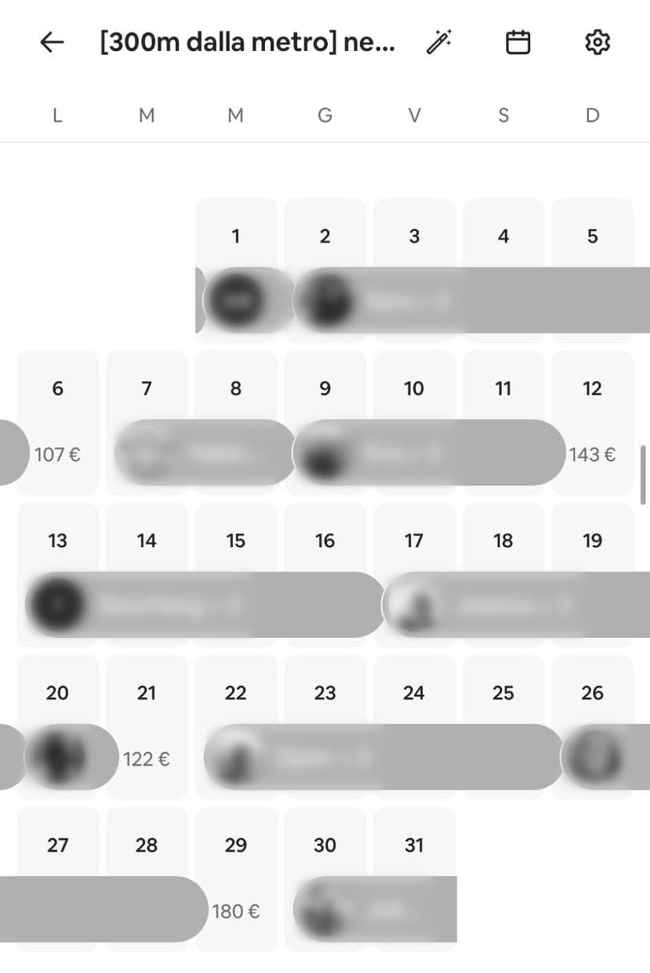 Calendario di un mese con Solace: quasi tutte le notti prenotate, prezzi più alti (nomi e foto degli ospiti sfocati)